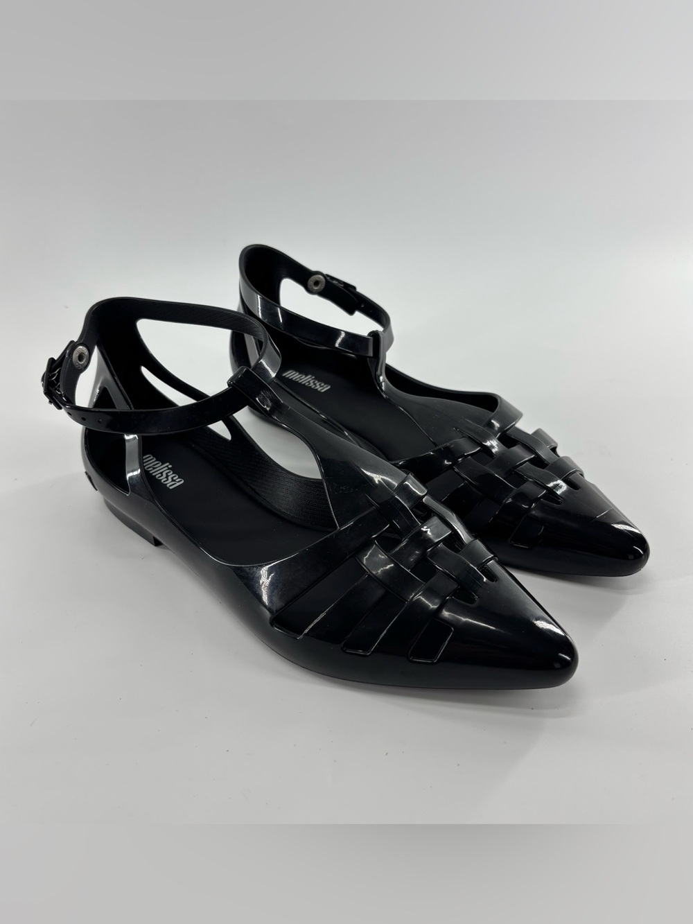 Melissa Spider pointed toe black jelly shoes 6 woven fisherman ankle strap flats